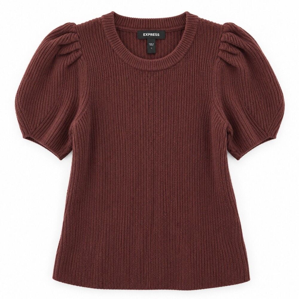 Express Women's Burgundy Puff Sleeve Sweater Short Sleeve Knit Size L